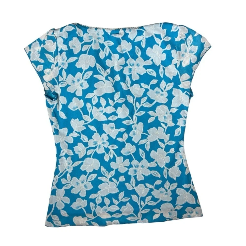 Vintage Y2K Teal Blue Floral Empire Waist V Neck Top Blouse Size L